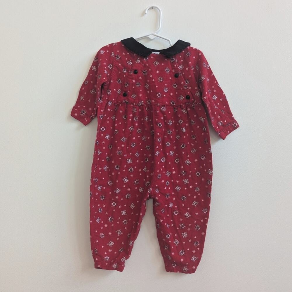 Vtg 90s Baby Supply 12-18m Red Snowflake Jumpsuit Romper Girls Flannel Christmas